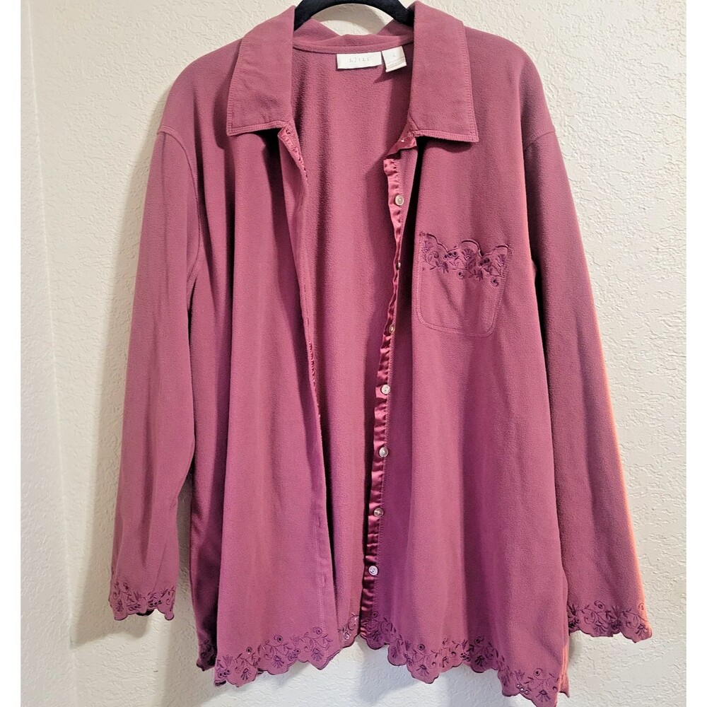 Vintage J Jill Fleece Button Down Shirt Large Plum Embroidered Satin Trim